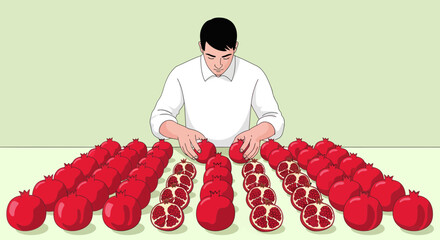 Man Carefully Arranging Pomegranates, Demonstrating Fresh Harvest and Food Preparation