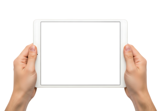 Hands holding a white tablet isolated on transparent background