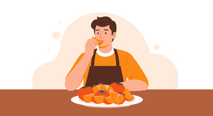 Man In An Apron Tasting Freshly Sliced Persimmon, Ready To Eat Fruit, Healthy Lifestyle