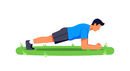 Man In Plank Position On The Grass, Healthy Lifestyle And Body Exercise