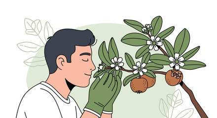Man Inhaling Floral Scent Enjoys the Blossoms and Fruits of a Tree in Nature