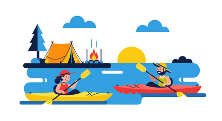 Kayak Lovers Enjoying Peaceful Camping Experience, Paddling on the River Together