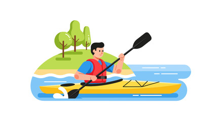 Kayak Sport Illustration Depicting An Individual Paddling Near Lush Green Hills and Water