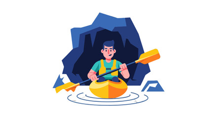 Kayaker Exploring a River Cave in a Bright Yellow Boat and Oars for Adventure