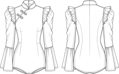 Women's bodysuit sketch, fashion flat illustration, mandarin collar, frog buttons, puff sleeve, ruffle cuff, technical design, garment template