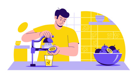 Man Juicing Passion Fruit in a Kitchen Creating Fresh and Healthy Drink Preparation
