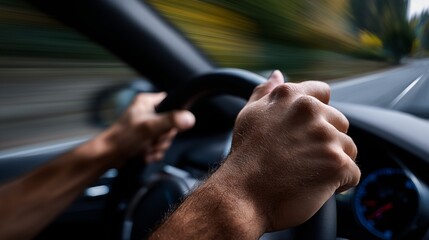 POV driver gripping steering wheel at high speed, motion blur on highway, car interior close up, driving safety concept