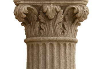 Corinthian pillar capital showing elaborate acanthus leaf carving, classical stone architecture element on transparent background