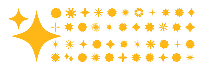 Gold star icon, bright award set. Sparkle pattern, light burst, best ting sticker. Yellow magic symbol, shiny minimal element isolated on white background. Retro vector illustration