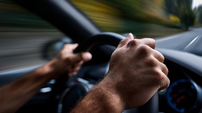 POV driver gripping steering wheel at high speed, motion blur on highway, car interior close up, driving safety concept - Powered by Adobe