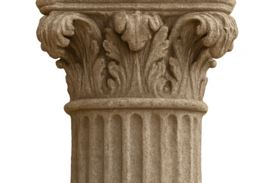 Corinthian pillar capital showing elaborate acanthus leaf carving, classical stone architecture element on transparent background