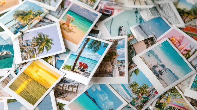 Collection of colorful travel photos showcasing beaches, palm trees, and vibrant sunsets from various destinations around the world