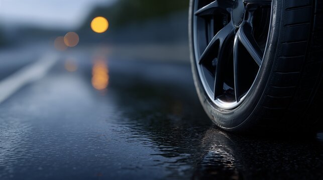 Car tire on wet asphalt at night, close up of wheel on rainy road, driving safety and traction in wet weather