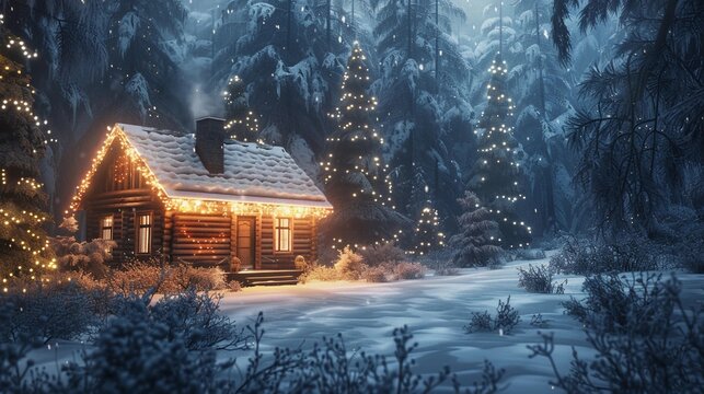 Cozy cabin decorated with lights in a snowy forest during winter twilight