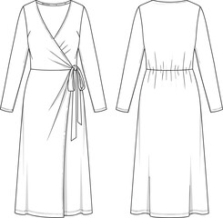 Women's wrap dress fashion sketch, technical flat drawing, long sleeve midi dress design, garment construction, apparel template, sewing pattern