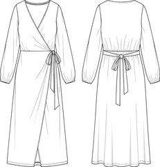 Women's wrap dress sketch, fashion flat illustration, V-neckline, tie waist, gathered cuff, slit front, technical design, garment template