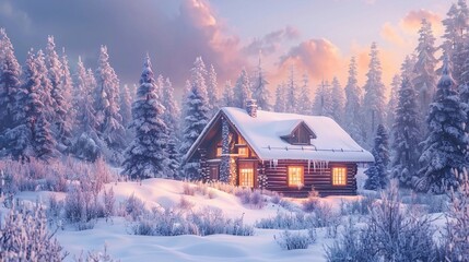 Cozy wooden cabin nestled in a snowy landscape at sunset with warm lights glowing from the windows surrounded by tall pine trees