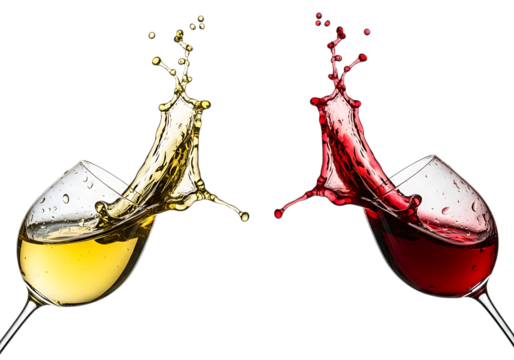 Red and white wine splash in glasses isolated on transparent background