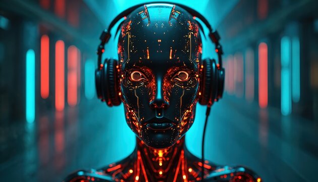 Futuristic AI robot with glowing circuitry wears headphones in dark neon-lit corridor. Cyborg android listens to music data representing machine learning, advanced audio tech. Cyberpunk concept with - Powered by Adobe