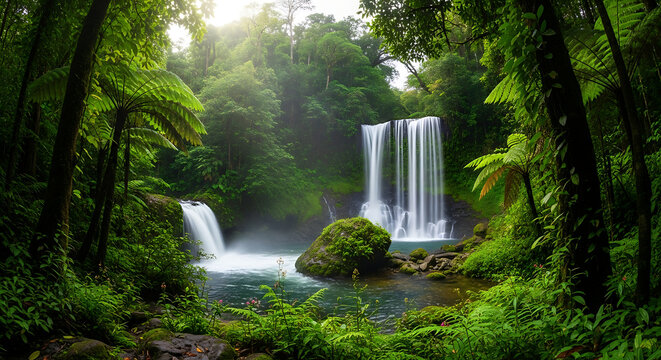 Lush greenery surrounds cascading waterfalls in a serene tropical rainforest paradise scene ai generated