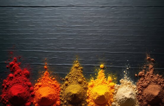 Photo of colorful spice powders on dark wooden surface. Various spices are arranged in a row offering a vibrant mix. Culinary ingredients like turmeric are visible.