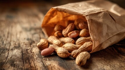 Peanuts in their shells are scattered on a rough wooden surface, creating a homely scene. A brown paper bag lies open, showcasing the nuts inside.