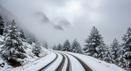 Snowy road winding through a winter landscape with snow-covered trees and mountains perfect for travel and adventure themes
