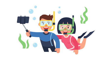 Joyful Scuba Divers Taking Underwater Selfies with Modern Technology