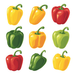 A simple EPS format illustration, vector, simple flat 2D icon, minimalist design, icon set, A Simple 2D Vibrant Tricolor Pepper illustration isolated on a white background, simple design set