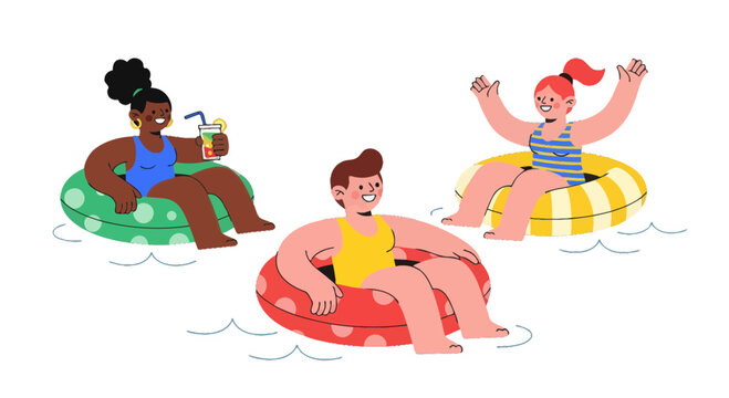 Joyful Summer Fun: Diverse Friends Floating with Drinks Enjoying Their Day