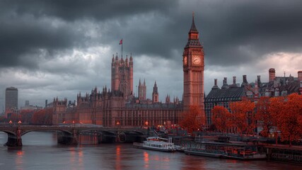 Majestic London skyline featuring Big Ben and the Houses of Parliament against a dramatic autumn sky - Powered by Adobe