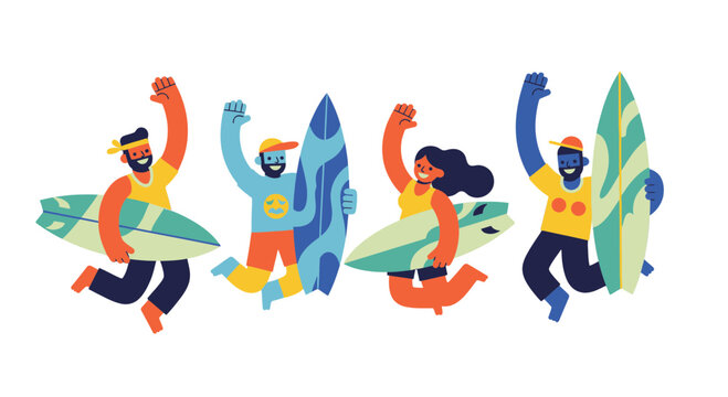 Joyful Surfers Embracing An Exciting Water Adventure, Celebrating Success And Happiness