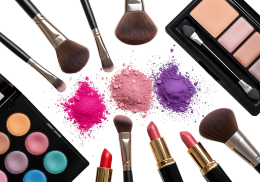 Assorted makeup products and brushes isolated on transparent background