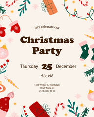Christmas party invitation template. New Year composition in flat doodle style. Celebration concept for banner, poster or card. Cute colorful illustration on light background. Eve backdrop