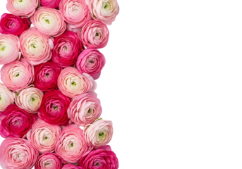 Pink and red ranunculus flowers border isolated on transparent background