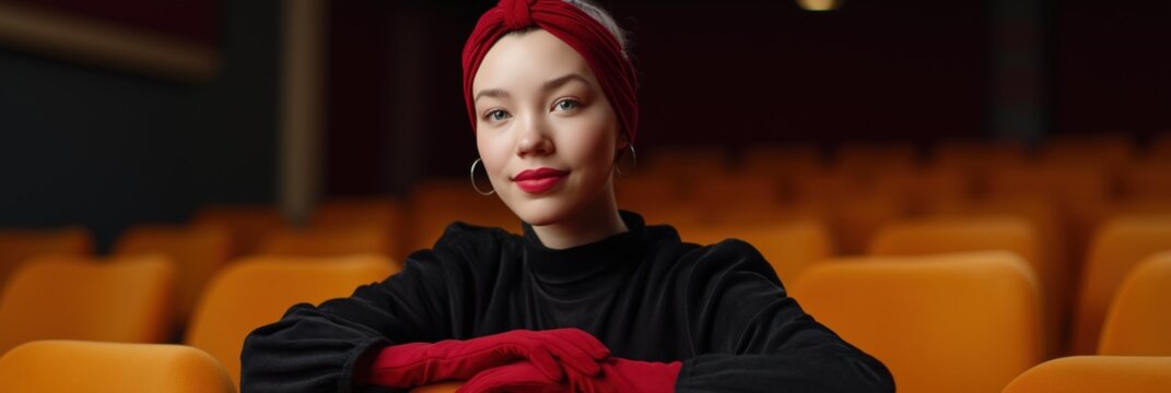 Young caucasian female in theater with red headband and gloves sitting among empty seats