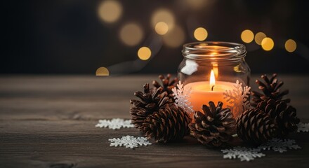 Burning candle in a glass jar surrounded by pine cones and snowflakes creating a warm and festive holiday atmosphere