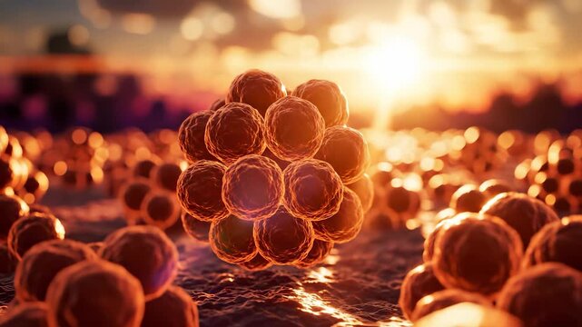 Microscopic cells gather in clusters, illuminated by a striking sunset that creates a warm glow across the field. The vibrant colors highlight the unique textures and shapes of the