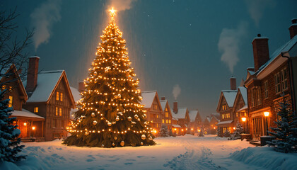 Christmas Village at Night with Decorated Tree