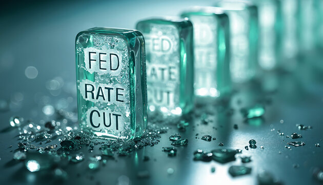 Glass Blocks with "FED RATE CUT" Text