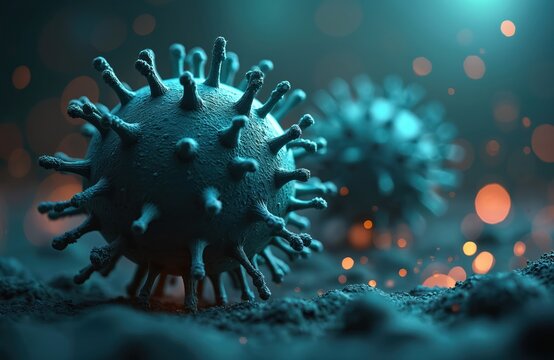 Microscopic virus particle shown in detail. Pathogen cell with spikes, dangerous microbe. Medical science research, disease outbreak illustration. Tiny organism spreads infection.