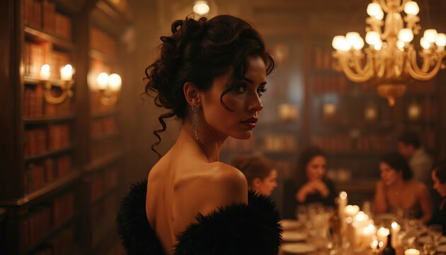 Attractive woman attends elegant dinner party in library setting. Lady wears stylish gown and jewelry. Group enjoys dining experience in ambient lit vintage style interior with chandelier, books.