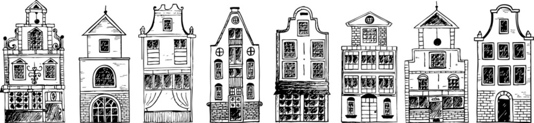 Fototapeta premium Set of hand drawn European city houses with vintage facades and windows. Black line art illustration on transparent background, perfect for travel or architecture design