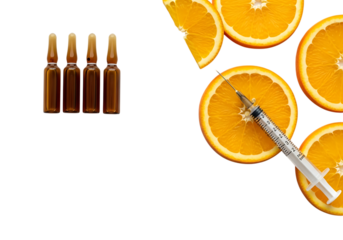 Medical ampoules and orange slices with syringe isolated on transparent background