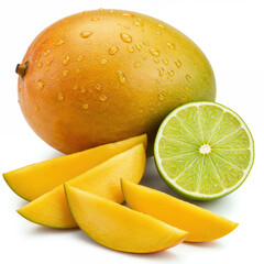 Ripe Mango with Lime and Slices Isolated on White Background, Fresh Tropical Fruit, Citrus, Healthy Food Concept, Juicy Summer Composition, Vibrant Colors Stock Photo

