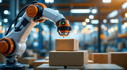 Robotic Arm Sorting Boxes on Conveyor Belt in Automated Warehouse, Modern Logistics, Industrial Automation, Smart Storage Technology, Supply Chain Innovation, Efficient Distribution Stock Photo

