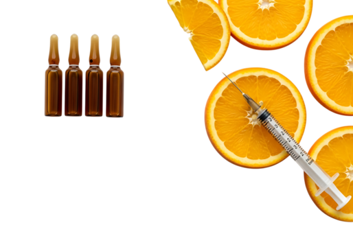 Medical ampoules and orange slices with syringe isolated on transparent background - Powered by Adobe