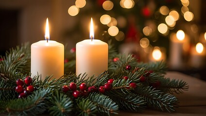 Warm glow of two lit candles on a festive evergreen wreath with red berries illuminated by soft bokeh christmas tree lights