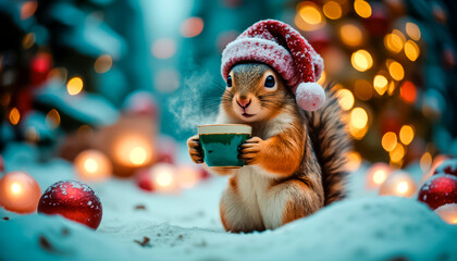 A cute squirrel in a funny knitted hat with a cup of aromatic drink in her paws.