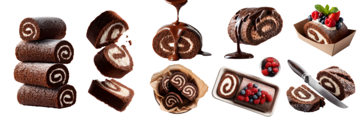 Set of chocolate swiss roll jelly roulade roll-up sponge cake with choco jam cream icing fillings dipping, knife slice pile, berries, takeaway package, transparent cutout PNG. Many different Mockup
